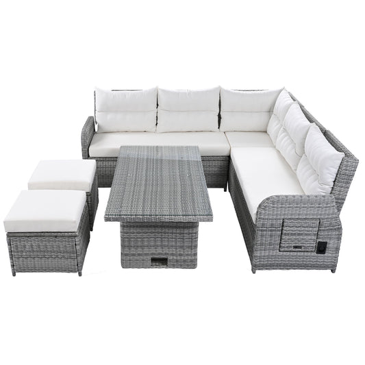 Outdoor Furniture Set Patio Rattan Furniture Set With Adjustable Table, Recliners With Extendable Side Tables And 2 Ottomans