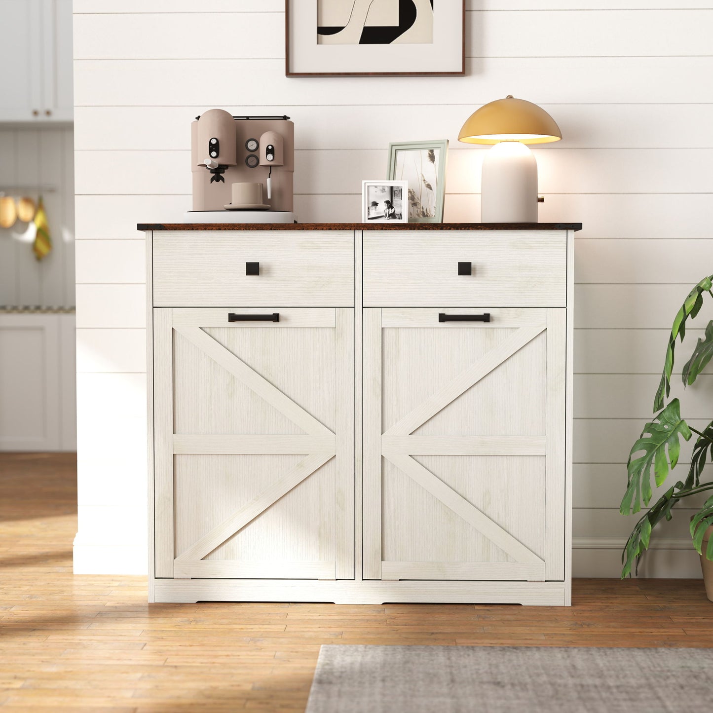 Double Tilt Out Trash Cabinet With Hideaway Drawer And Barn Door Style