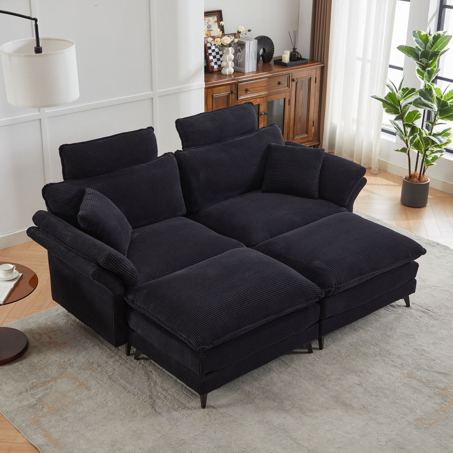 Modern Corduroy Deep Seat Sectional Sofa With Ottoman