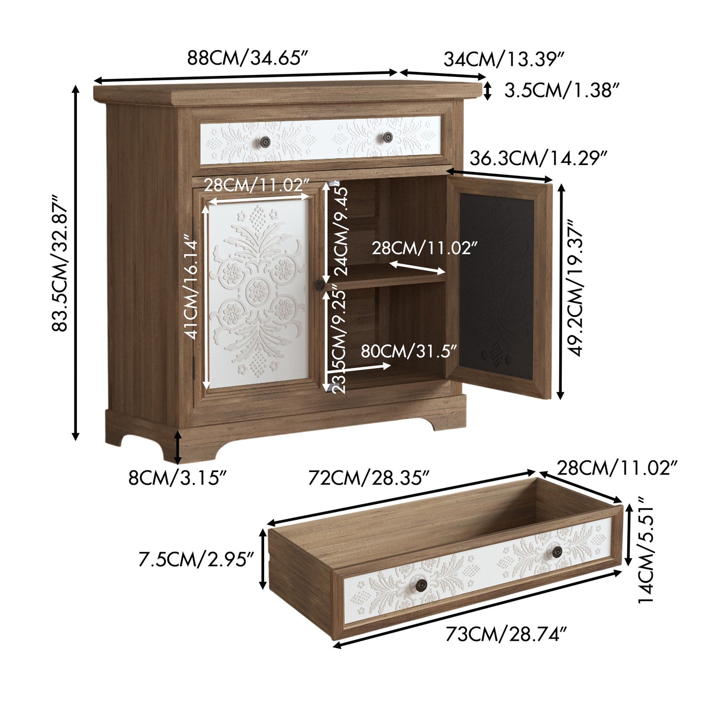 Accent Cabinet With Carved Floral Panels, Sideboard With Drawer And Double Doors - Antique Brown / White