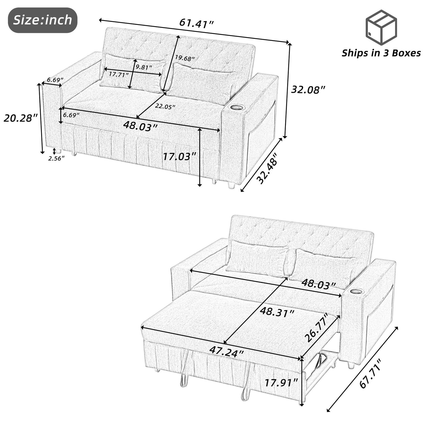 Pull-Out Sofa Bed Convertible Couch With Adjustable Backrest For Living Room