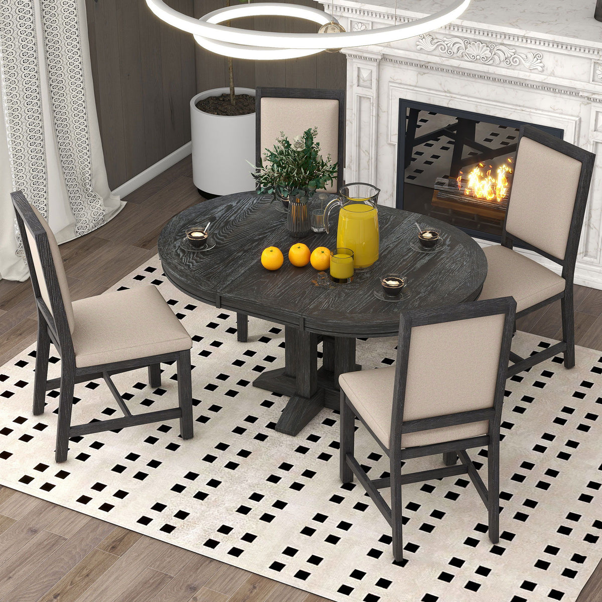 Dining Set & Extendable Round Table And 4 Upholstered Chairs