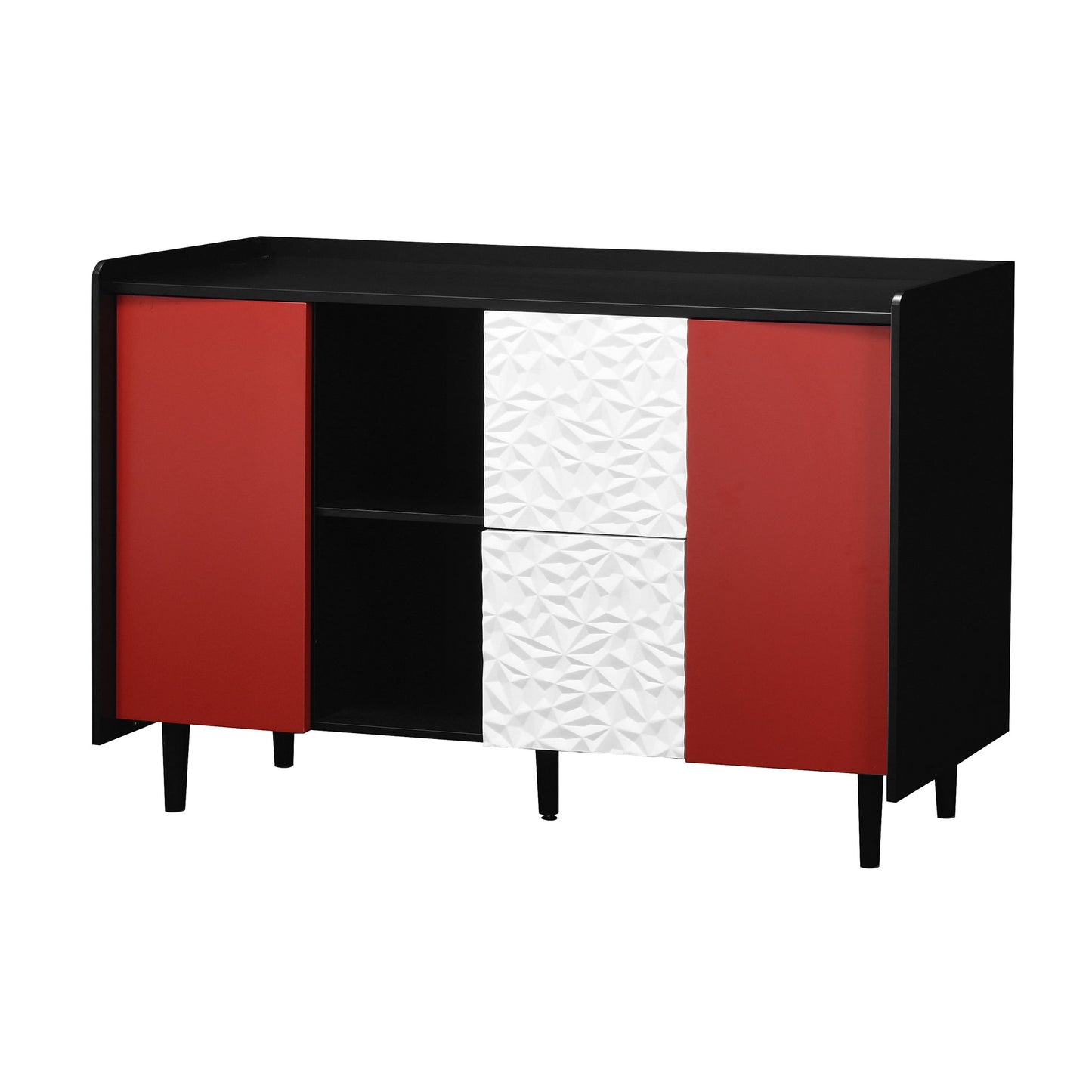 Modern Sideboard Buffet Cabinet With Red Doors And Unique Panel Styling