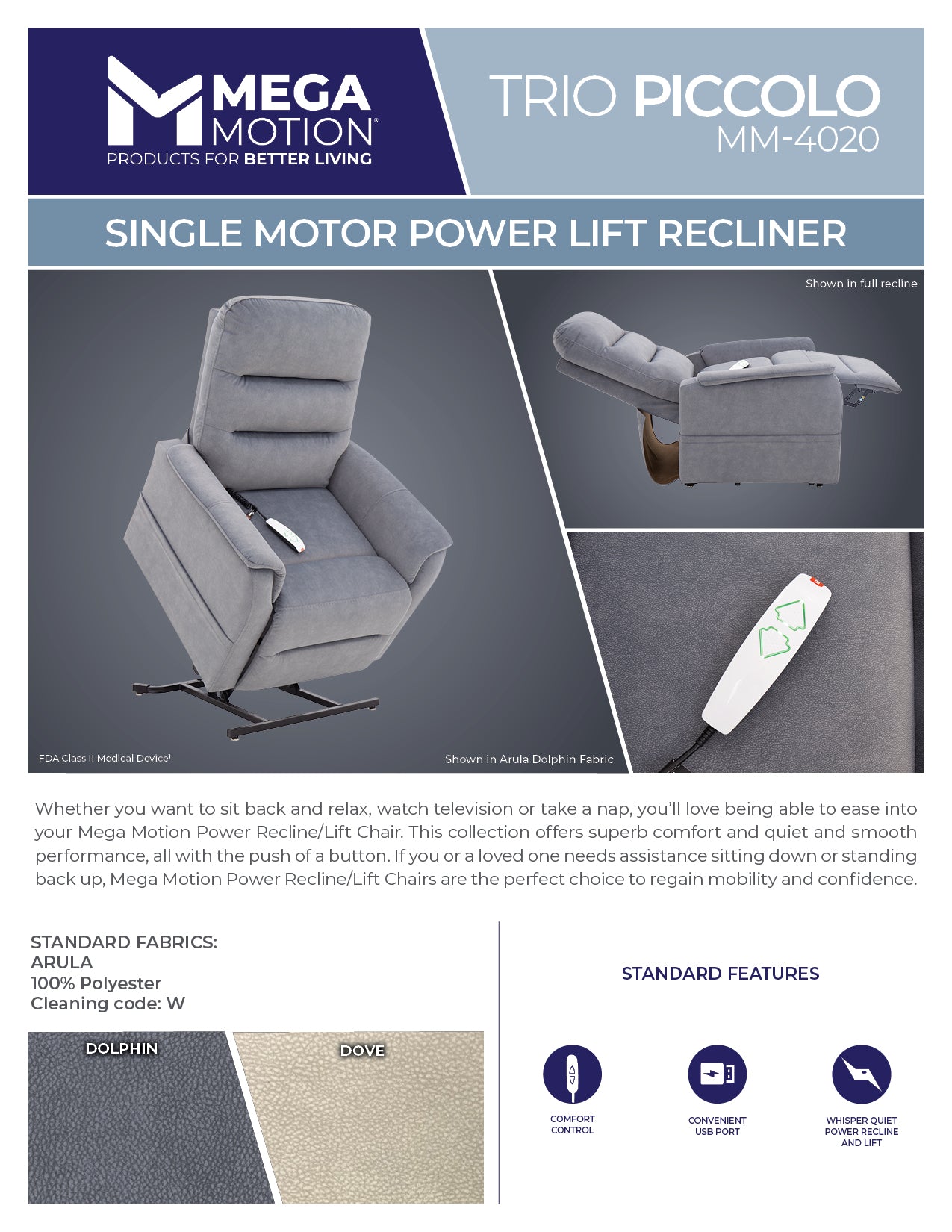 Trio Piccolo MM-4020-DHP-A01 Dolphin Power Lift Recliner
