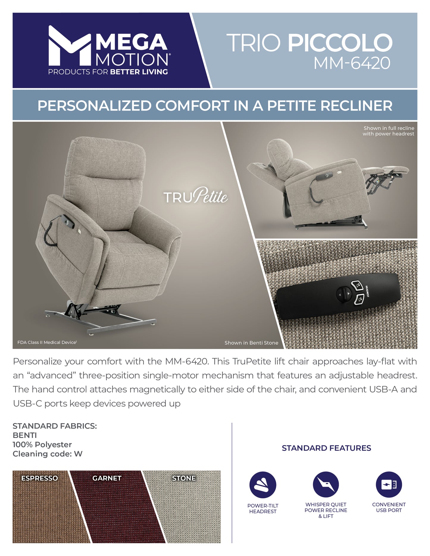 TRIO PICCOLO MM-6420 Stone Power Lift Recliner