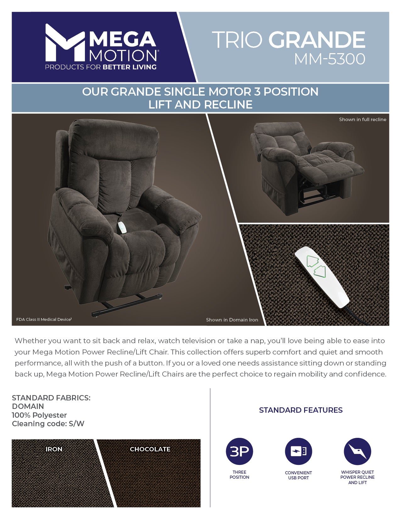 TRIO GRANDE  MM-5300 Iron Power Lift Recliner