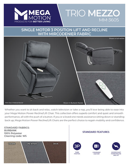 Trio Mezzo MM-3605 Pewter Power Lift Recliner