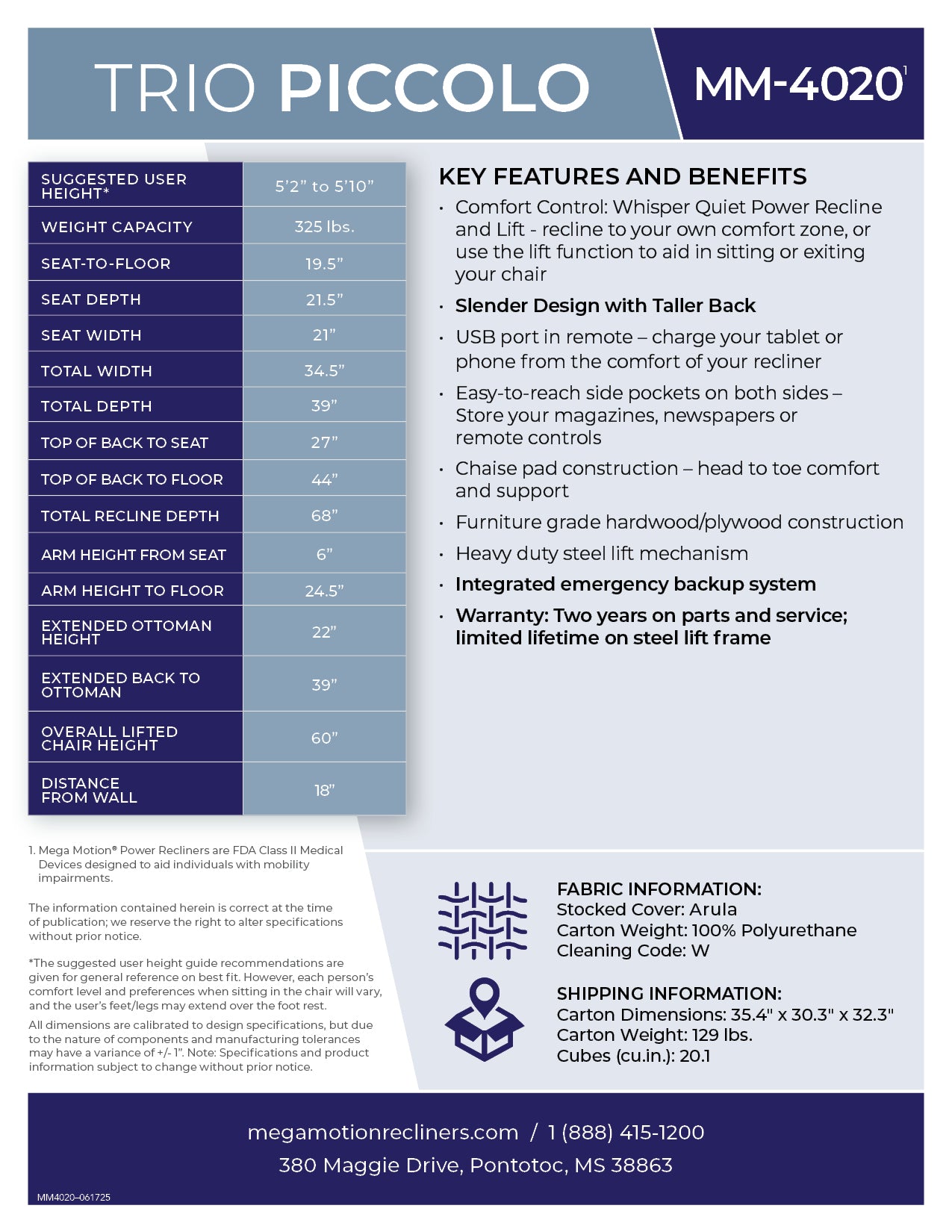Trio Piccolo MM-4020-DHP-A01 Dolphin Power Lift Recliner