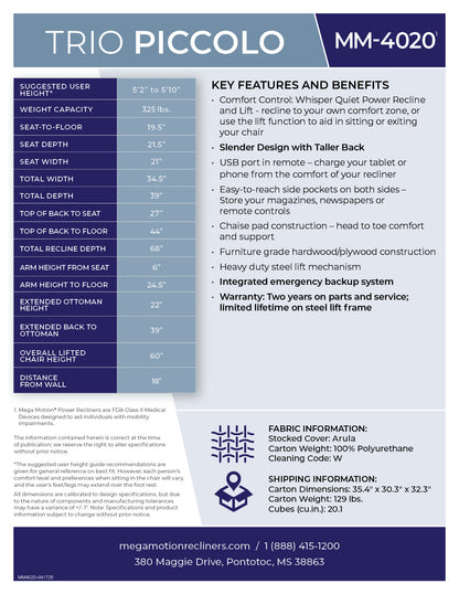 Trio Piccolo MM-4020-DHP-A01 Dolphin Power Lift Recliner