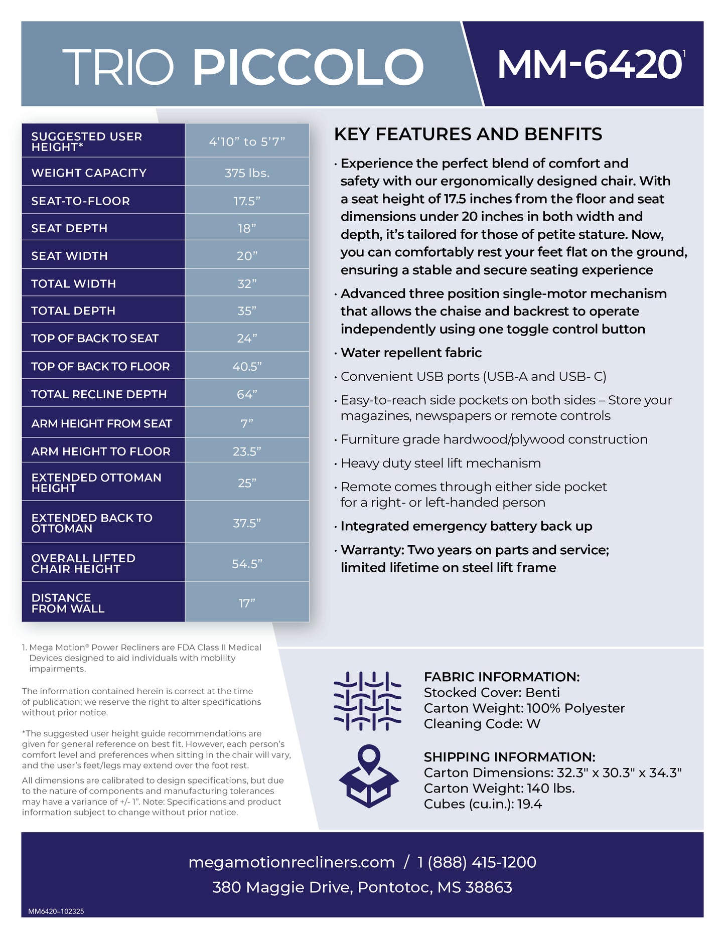 TRIO PICCOLO MM-6420 Stone Power Lift Recliner