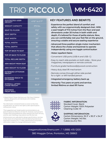 TRIO PICCOLO MM-6420 Stone Power Lift Recliner