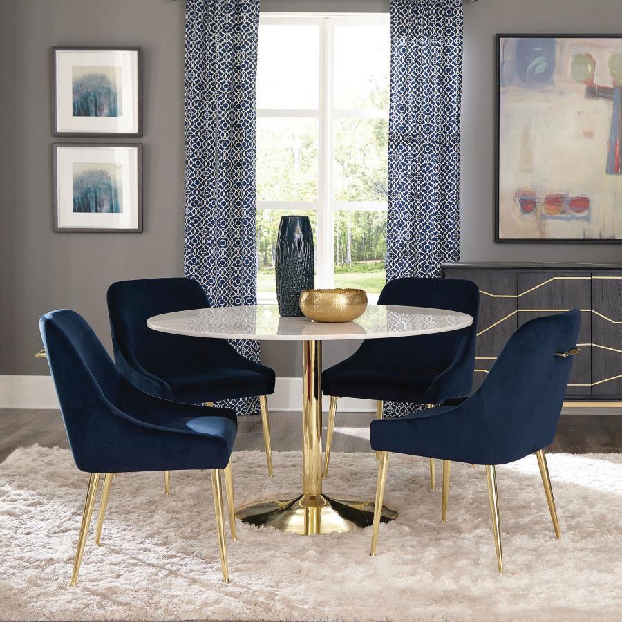 Kella - 5 Piece Round Marble Top Dining Set - Blue And Gold