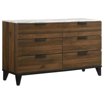 Mays - 6-Drawer Dresser With Faux Marble Top - Walnut Brown