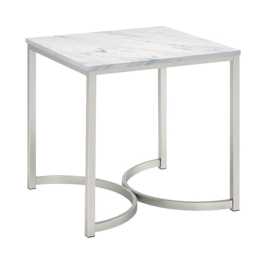 Leona - Faux Marble Square End Table - White And Satin Nickel