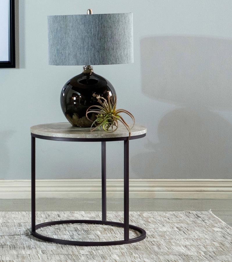 Lainey - Faux Marble Round Top End Table - Gray and Gunmetal