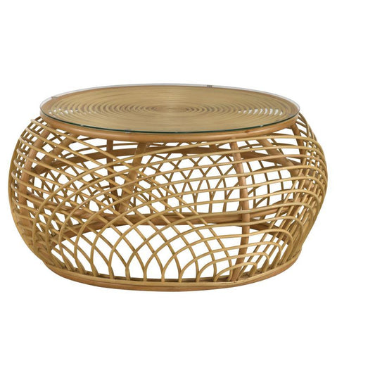 Dahlia - Round Glass Top Woven Rattan Coffee Table - Natural