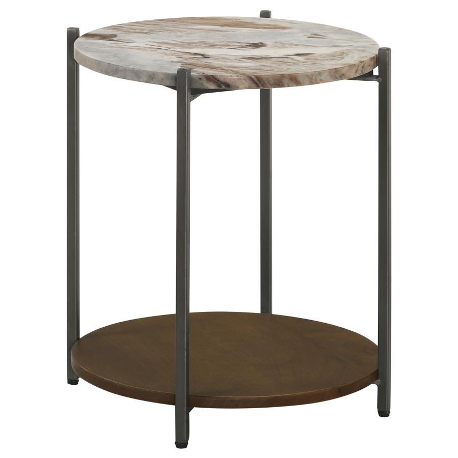 Noemie - Round Accent Table With Marble Top - White And Gunmetal